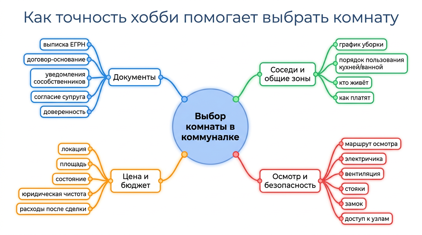 Ментальная карта выбора комнаты в коммуналке: документы, соседи и общие зоны, цена и бюджет, осмотр и безопасность — ключевые критерии покупки.