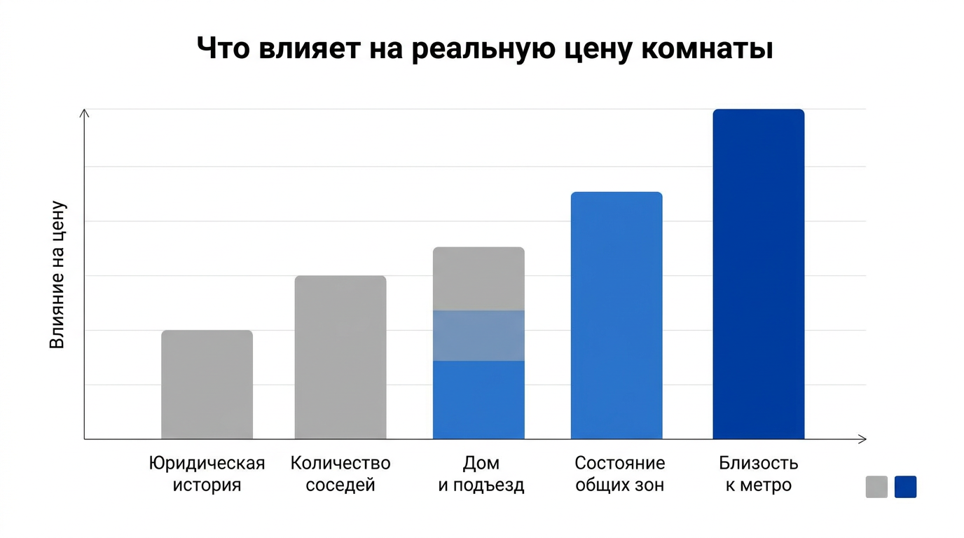 Диаграмма факторов, влияющих на реальную цену комнаты: юридическая история, соседи, состояние дома и подъезда, общие зоны и близость к метро.