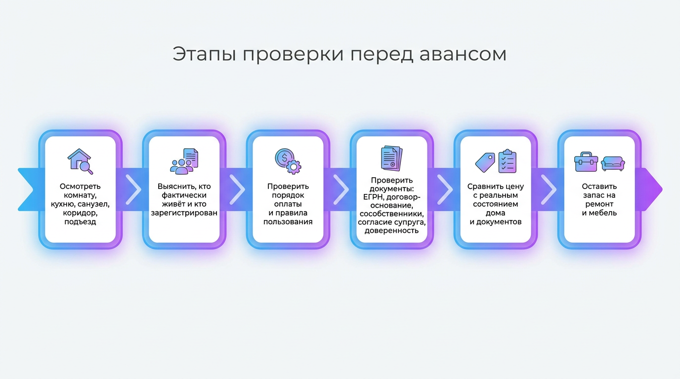 Инфографика этапов проверки комнаты перед авансом: осмотр, соседи, порядок оплаты, документы (ЕГРН, согласие супруга), сравнение цены и запас на ремонт.